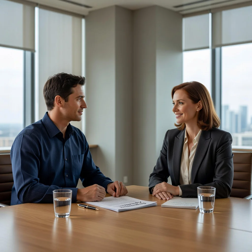 A photorealistic image depicting a serene moment of a separated couple amicably discussing their future, symbolizing the key aspects of a regulatory agreement in separations, with no children present.
