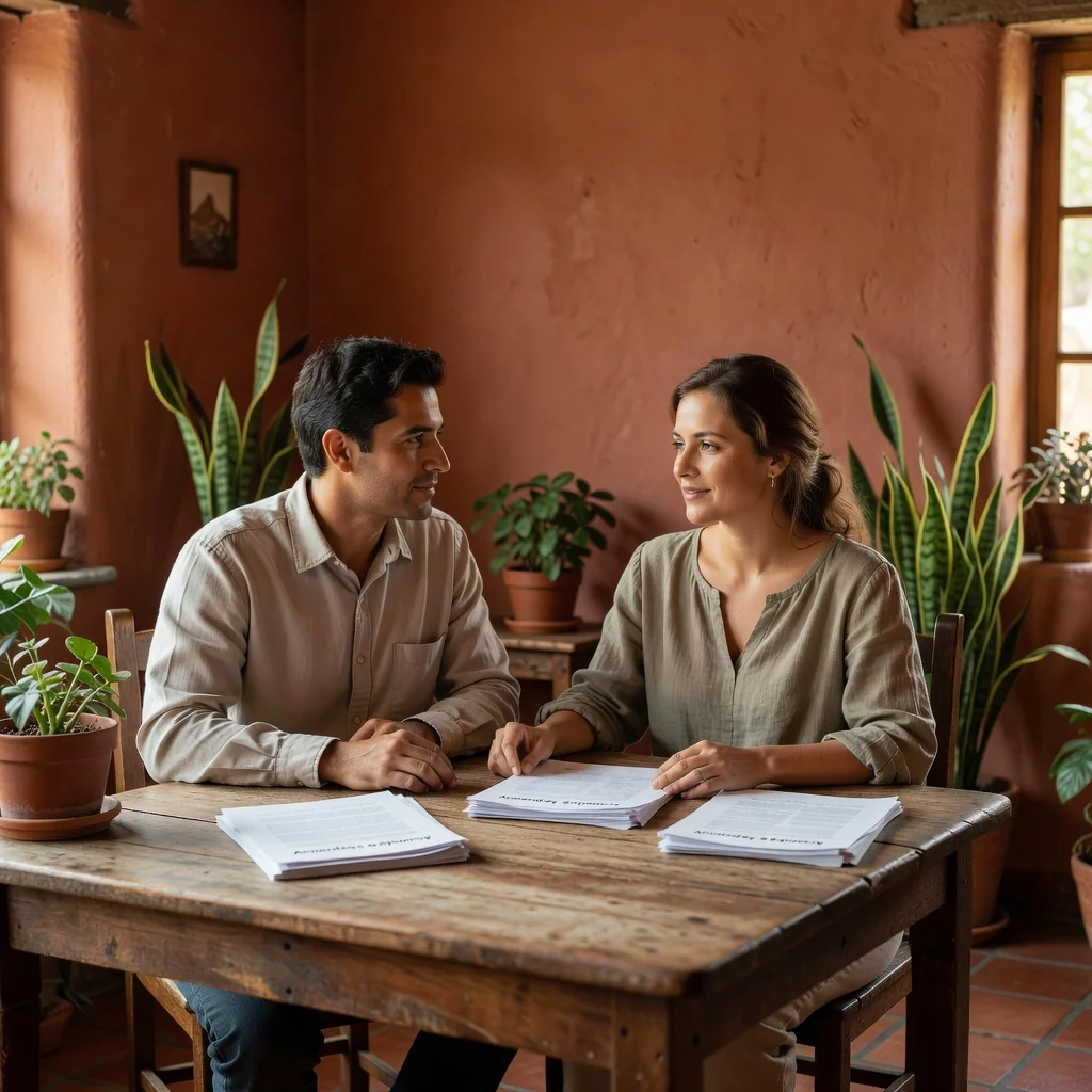 A photorealistic image depicting a peaceful moment of separation for an adult couple in Mexico, showing them amicably discussing arrangements in a serene home setting with Mexican cultural elements like warm lighting and subtle decor, symbolizing the purpose of a separation agreement.