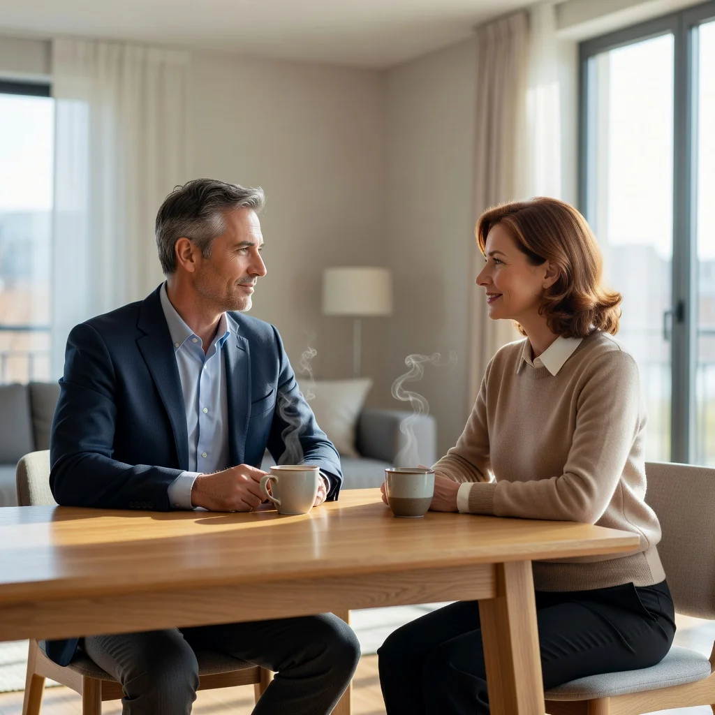 A photorealistic image representing the purpose of a Convenio Regulador in divorce, focusing on themes of amicable separation and new beginnings for adults. Depict a middle-aged couple in a modern living room, sitting across from each other at a table with coffee cups, engaged in a calm and respectful conversation, symbolizing negotiation and agreement. No children or legal documents visible. The atmosphere is serene and hopeful, with soft natural light.