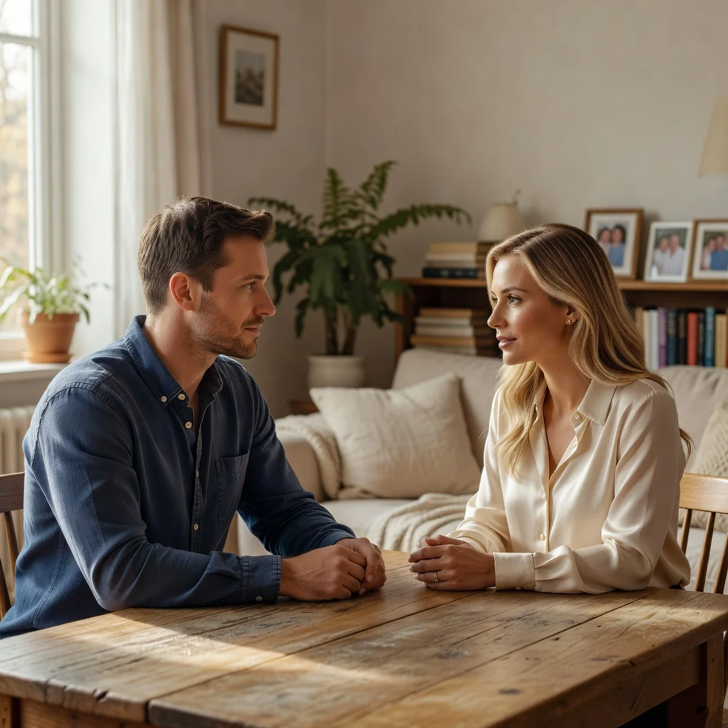 A photorealistic image depicting a calm and respectful conversation between a separated couple in a neutral setting, symbolizing the amicable resolution of their separation, without any focus on legal documents or children.