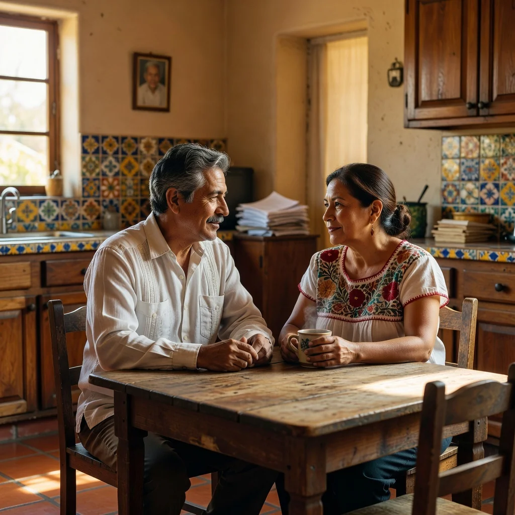 A photorealistic image depicting a calm and respectful conversation between a Mexican couple in the process of separation, sitting at a wooden table in a neutral home setting with subtle Mexican cultural elements like a colorful serape in the background, conveying mutual understanding and agreement without any conflict or distress, no children present.