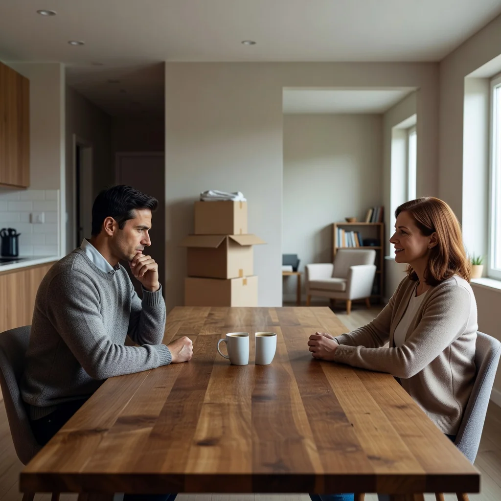 A photorealistic image symbolizing the advantages and disadvantages of a separation agreement in a divorce context, showing a thoughtful adult couple in their 30s sitting at opposite ends of a kitchen table in a modern home, with one person looking contemplative and the other appearing relieved, surrounded by subtle elements like a divided coffee mug and separate living spaces in the background, evoking themes of amicable parting and emotional balance, no children present.