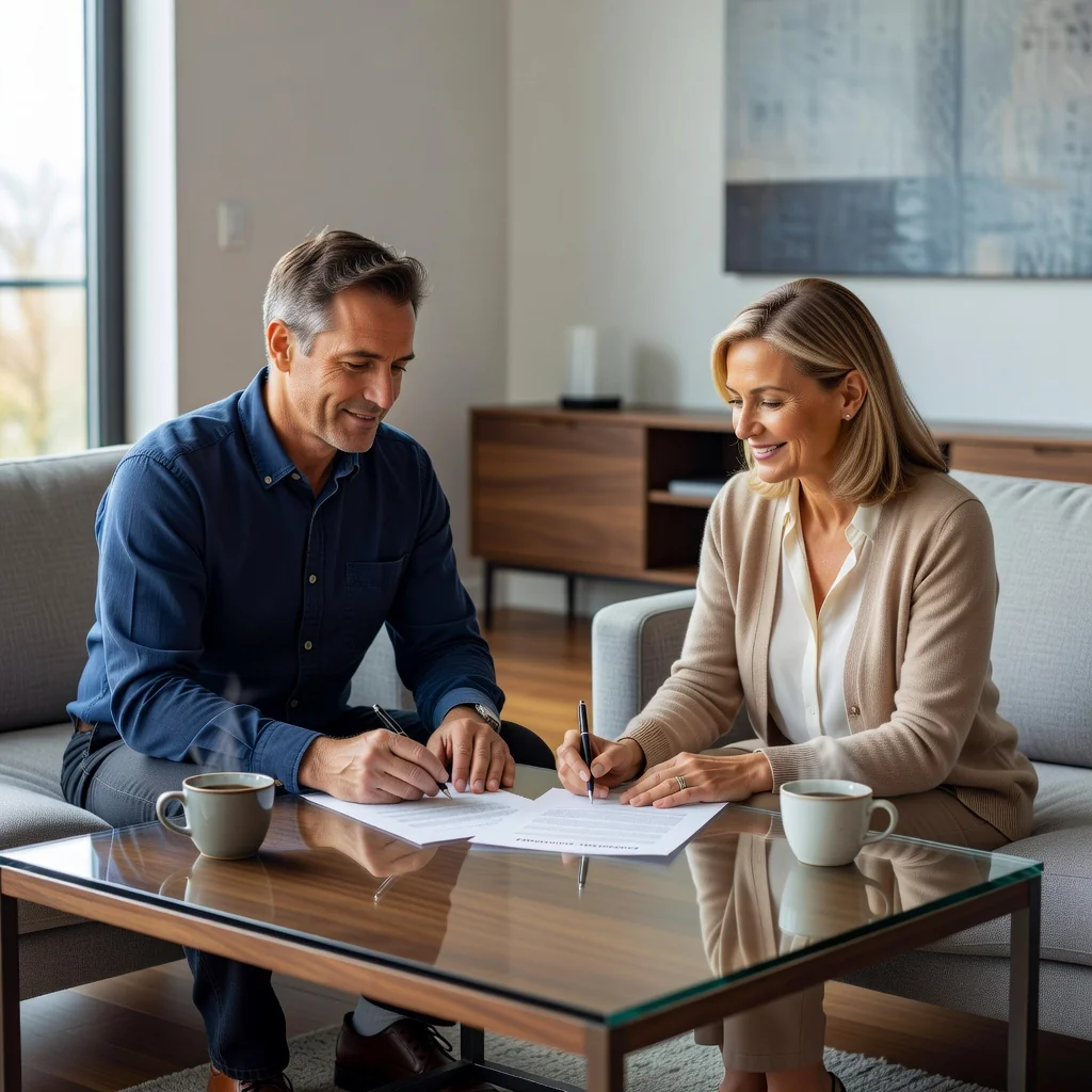 A photorealistic image depicting a peaceful separation of a couple, focusing on their amicable parting ways without conflict, symbolizing a secure legal separation agreement. Show two adults in a neutral, modern setting like a living room or park, shaking hands or walking apart calmly, emphasizing resolution and mutual respect.