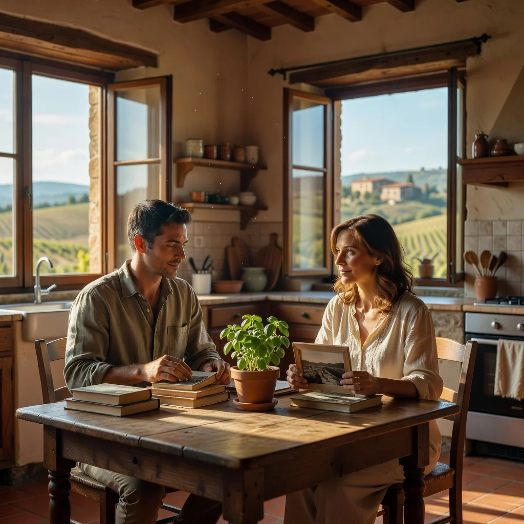 A photorealistic image depicting a peaceful moment of separation for an adult couple in Italy, showing a man and woman amicably dividing personal items like books and a coffee mug on a sunlit kitchen table in a modern Italian home, with subtle Italian elements like a map of Italy in the background, symbolizing the resolution and new beginnings associated with a separation agreement, no children present.