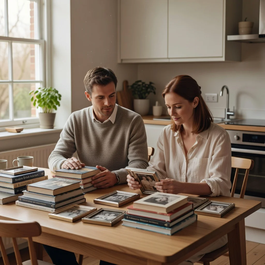 A photorealistic image depicting a peaceful moment of separation for an adult couple in the UK, showing them amicably dividing personal belongings in a modern living room, symbolizing the purpose of a separation agreement without focusing on legal documents.