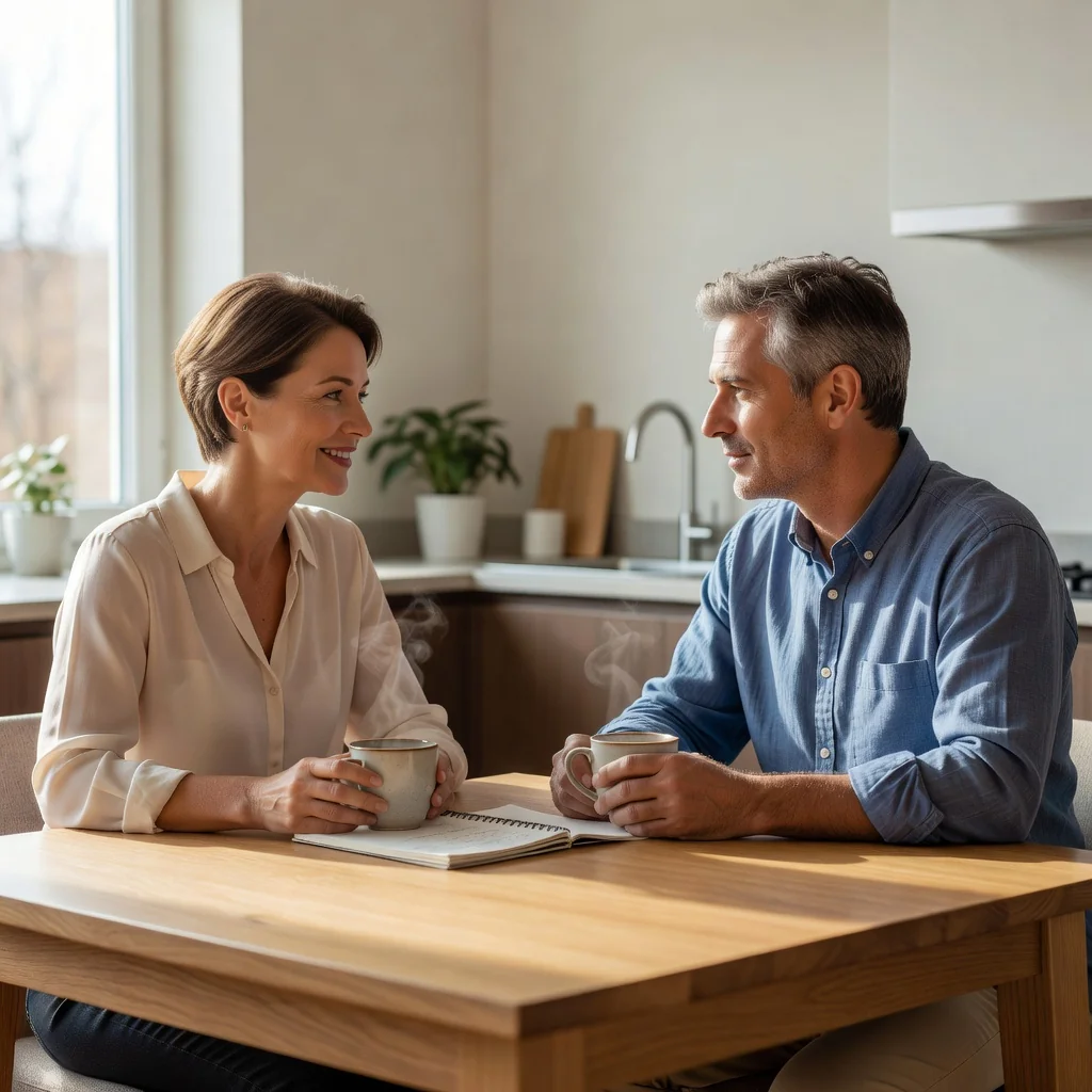 A photorealistic image symbolizing the advantages of a separation agreement over divorce, depicting a calm adult couple in a peaceful home setting, sitting together amicably discussing matters at a table with coffee cups, conveying relief and mutual understanding without conflict or distress.