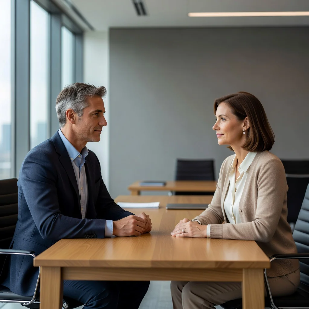 A photorealistic image depicting a mature couple in a moment of calm separation, sitting across from each other at a neutral table in a modern office, with subtle expressions of resolve and mutual respect, symbolizing the amicable signing of a divorce agreement without any distress or conflict.