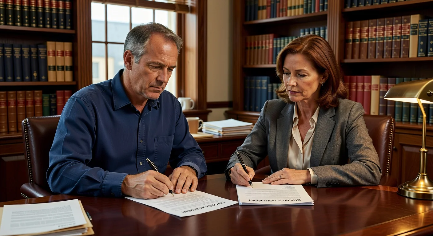 Couple signing divorce agreement