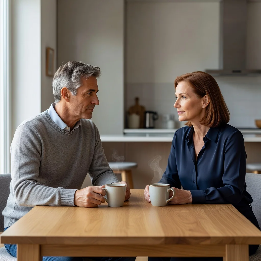 A photorealistic image of a middle-aged couple sitting across from each other at a wooden kitchen table in a modern home, engaged in a serious conversation about their separation. They are looking at each other with calm and respectful expressions, with cups of coffee on the table, symbolizing a peaceful and amicable divorce process. No children are present in the scene.