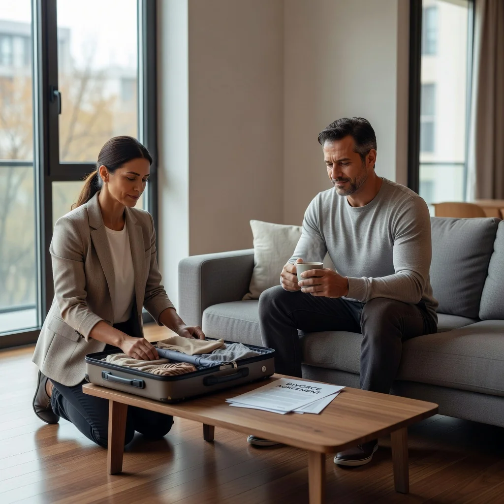 A photorealistic image symbolizing the end of a marriage through divorce, focusing on the emotional purpose of a divorce agreement. Depict an adult couple in their 30s or 40s, standing apart in a neutral living room setting, one person looking contemplative while packing a suitcase, the other sitting on a couch with a thoughtful expression, conveying a sense of closure and moving forward without conflict. No children are present in the image. The atmosphere is calm and realistic, like a real-life photograph.