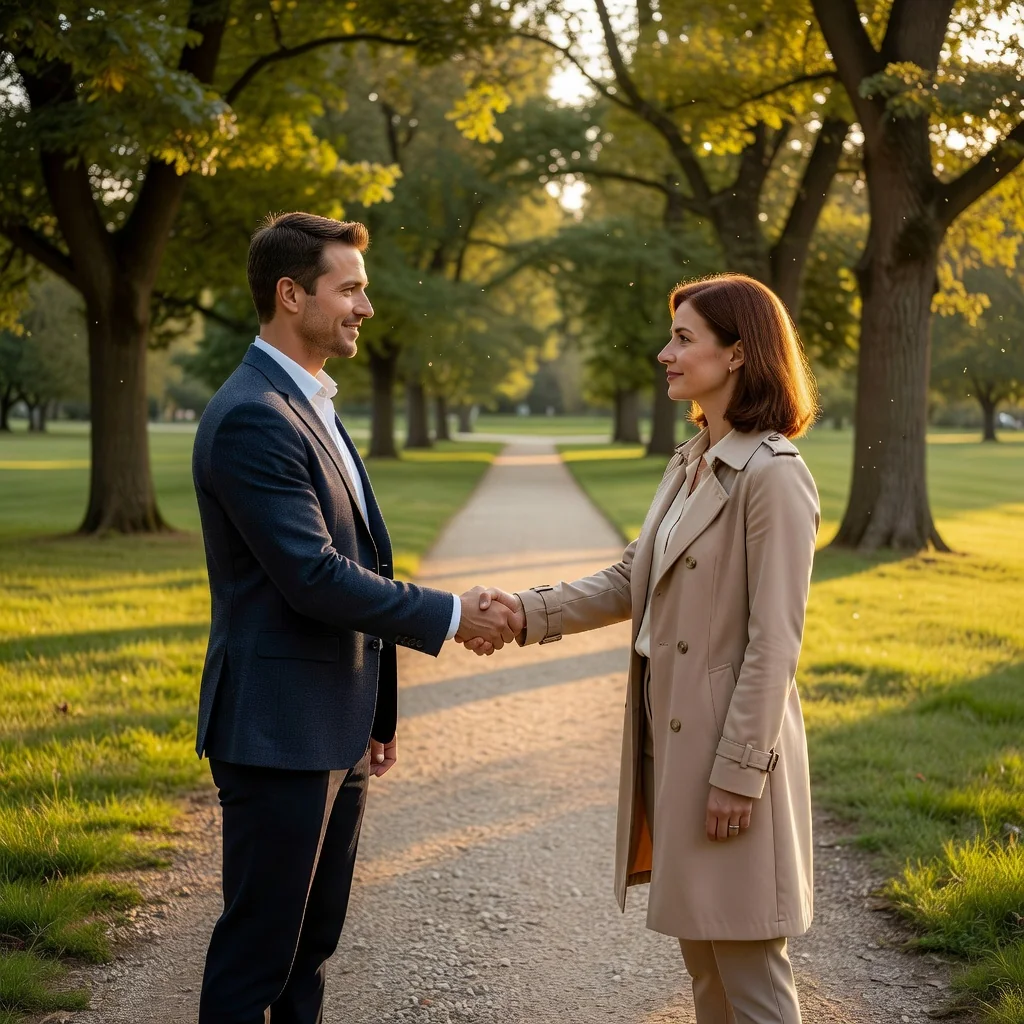 A photorealistic image depicting a peaceful moment of separation between an adult couple, symbolizing amicable resolution and moving forward independently, without focusing on any legal documents.