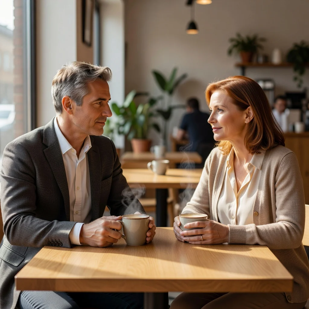 A photorealistic image depicting two adults in a peaceful post-separation setting, such as a couple amicably discussing terms over coffee in a modern cafe, symbolizing the resolution and benefits of a separation agreement without showing any distress or legal documents.