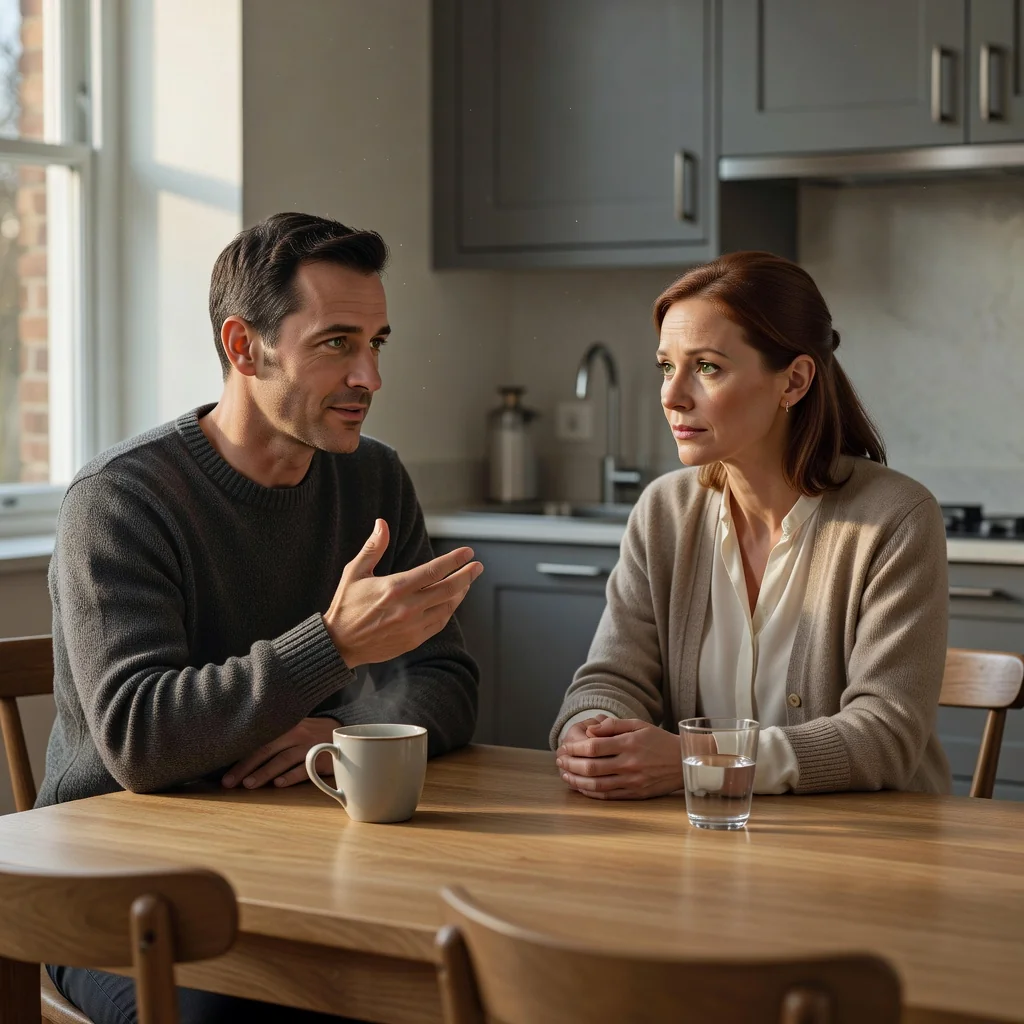 A photorealistic image depicting a thoughtful adult couple in their 30s sitting across from each other at a wooden kitchen table in a modern UK home, discussing their separation with neutral expressions, holding coffee mugs, soft natural light from a window, no children or legal documents visible, symbolizing the emotional and practical differences between separation and divorce.