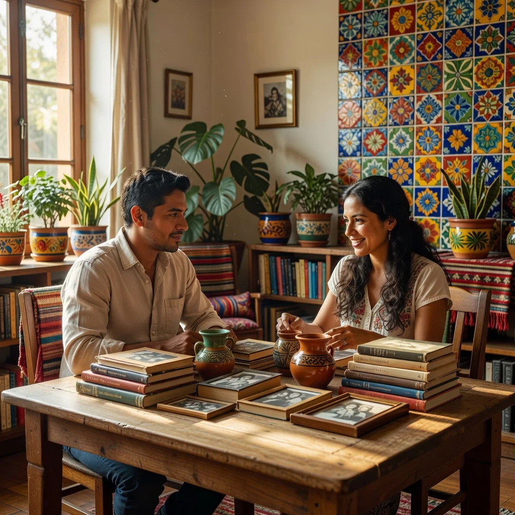 A photorealistic image depicting a peaceful moment of a separated couple in Mexico, showing an adult man and woman amicably dividing personal belongings in a modern Mexican home, symbolizing the effective separation agreement without conflict.