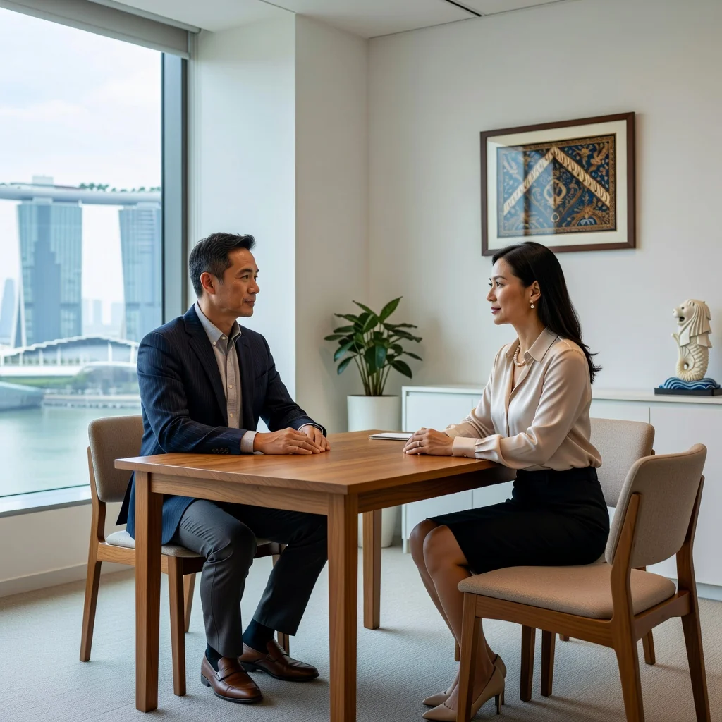 A photorealistic image depicting a mature couple in their 40s sitting calmly across from each other at a wooden table in a neutral, modern Singaporean office setting, discussing their separation amicably without any signs of conflict, symbolizing the key differences between a deed of separation and divorce; no children are present or implied in the scene.