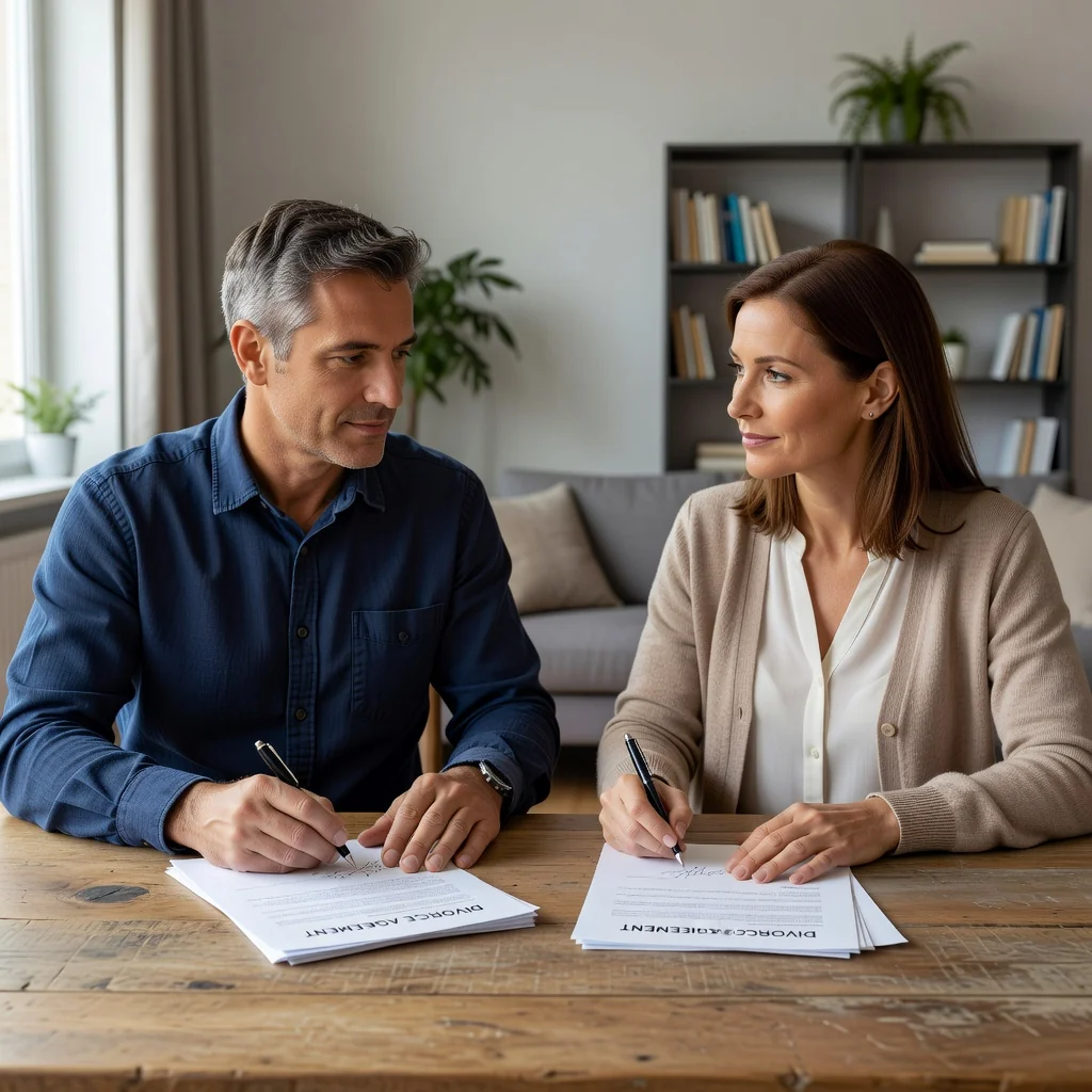 A photorealistic image of a couple in their 30s, sitting calmly at a wooden table in a modern living room, signing divorce papers with a sense of mutual respect and closure. They are adults only, no children present. The atmosphere is neutral and dignified, with soft natural light filtering through windows, emphasizing a peaceful transition rather than conflict.