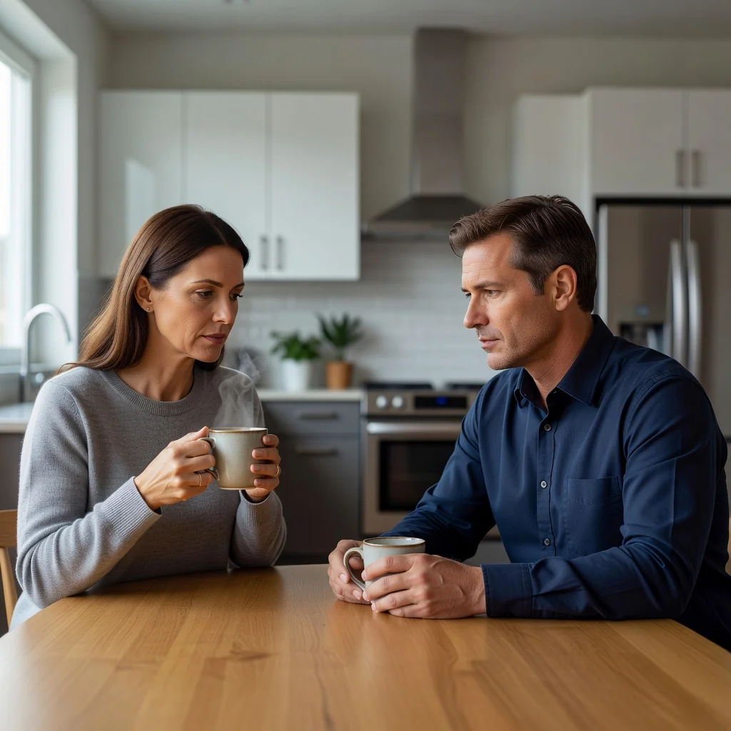 A photorealistic image depicting a thoughtful adult couple in their 30s sitting across from each other at a kitchen table in a modern home, discussing their separation calmly with neutral expressions, symbolizing the careful planning involved in a US separation agreement, no children present, warm natural lighting.