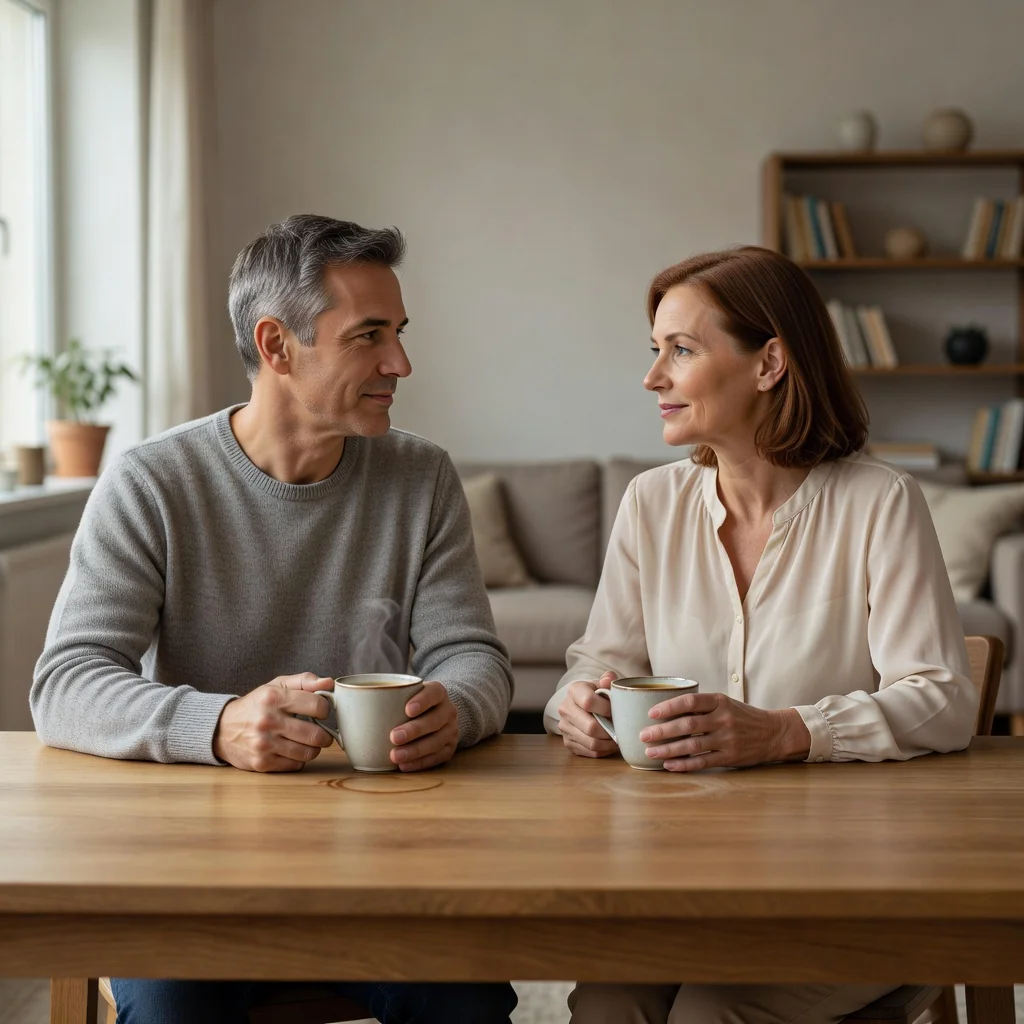 A photorealistic image of a calm adult couple in a modern living room, sitting across from each other at a table with cups of coffee, engaged in a peaceful conversation about their separation, symbolizing the amicable advantages of a separation agreement in divorce, no children present.