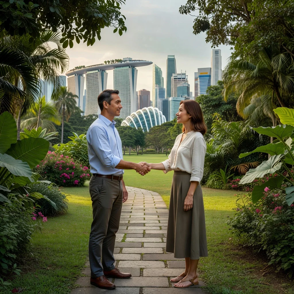 A photorealistic image depicting a peaceful moment of separation for a couple in Singapore, showing a man and woman amicably parting ways in a serene urban park, symbolizing the resolution and closure provided by a legal separation agreement, with no children present.