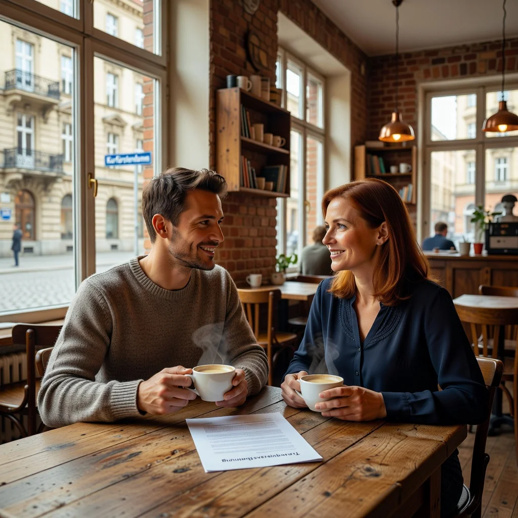 A photorealistic image depicting a peaceful separation moment for a couple in Germany, such as a man and woman amicably discussing terms over coffee in a modern Berlin cafe, with subtle German elements like a map or cityscape in the background, conveying resolution and mutual agreement without showing any distress or documents.