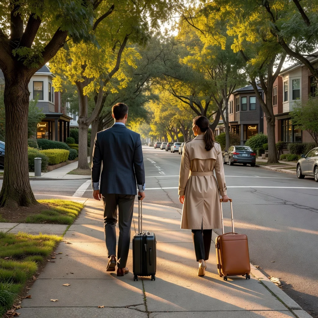 A photorealistic image representing the concept of separation and amicable parting ways in a marital context, such as a couple walking in opposite directions on a serene urban pathway, symbolizing a separation agreement without conflict.