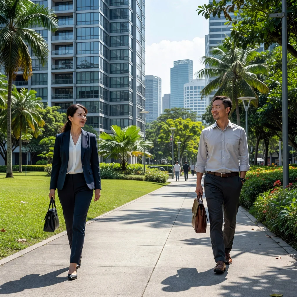 A photorealistic image representing the purpose of a Deed of Separation in Singapore, showing a couple in their 30s walking separately on a sunny urban street in Singapore, one heading towards a modern apartment building and the other towards a park, symbolizing amicable separation and moving forward independently, with no children present, no legal documents visible.