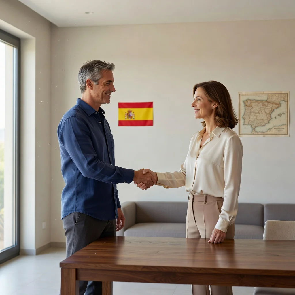 A photorealistic image representing the purpose of a 'Convenio regulador' in Spain, which is a regulatory agreement for divorce or separation. Depict a mature adult couple in their 30s or 40s, standing amicably in a modern Spanish living room with subtle Spanish decor like a flag or map in the background, shaking hands or discussing peacefully over a table, symbolizing mutual agreement and resolution without conflict. No children present. The atmosphere is calm and positive, focusing on adult partnership transition.