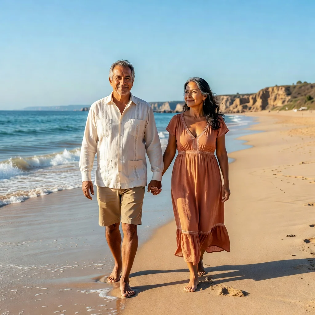 A photorealistic image representing the purpose of a legal separation agreement in Mexico, showing a serene Mexican couple in their 30s walking hand-in-hand on a sunny beach in Cancun, symbolizing amicable parting and new beginnings, with no children present.