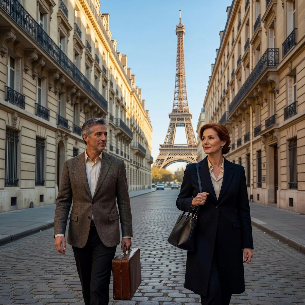 A photorealistic image depicting a peaceful moment of separation for a couple in France, showing two adults walking separately on a scenic Parisian street with the Eiffel Tower in the background, symbolizing amicable parting and legal resolution without conflict.
