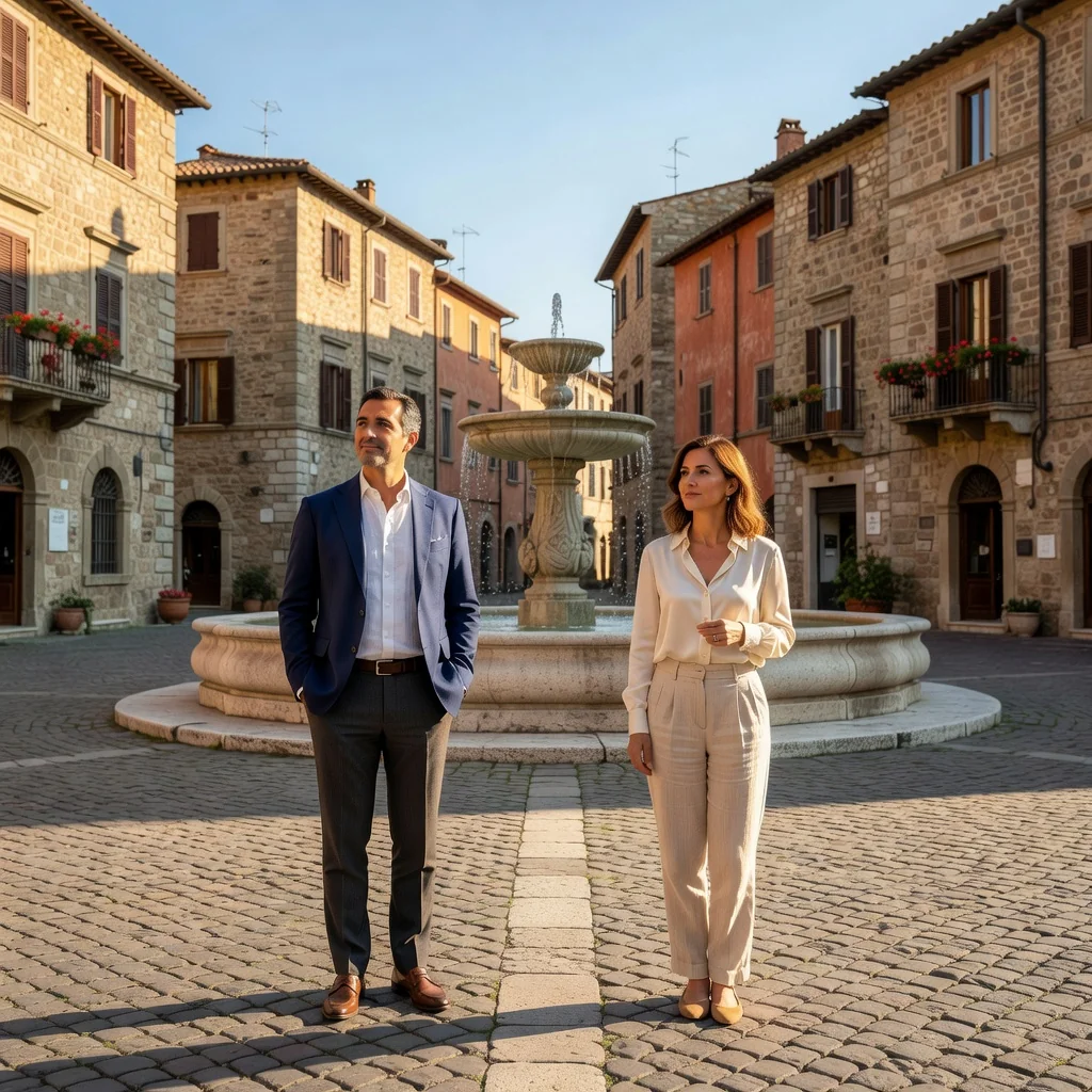 A photorealistic image depicting a peaceful moment of separation for a couple in Italy, showing an adult man and woman amicably parting ways in a beautiful Italian landscape like a sunny piazza or olive grove, symbolizing the amicable agreement of a separation accord, no children present, conveying a sense of calm resolution and new beginnings.