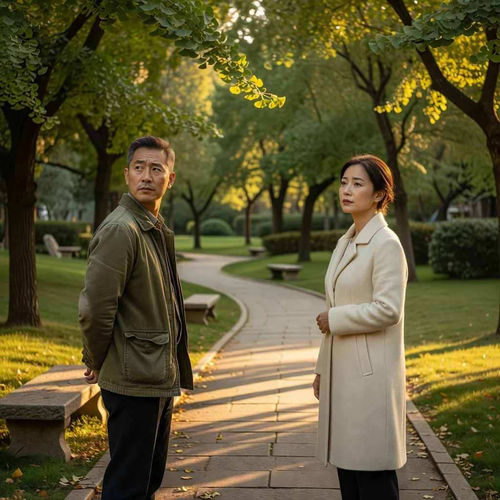 A photorealistic image of a mature Chinese couple in their 30s or 40s, standing in a modern urban park in China, looking contemplative and slightly distant from each other, symbolizing the emotional process of divorce and separation, with no children present, conveying a sense of quiet resolution and new beginnings.