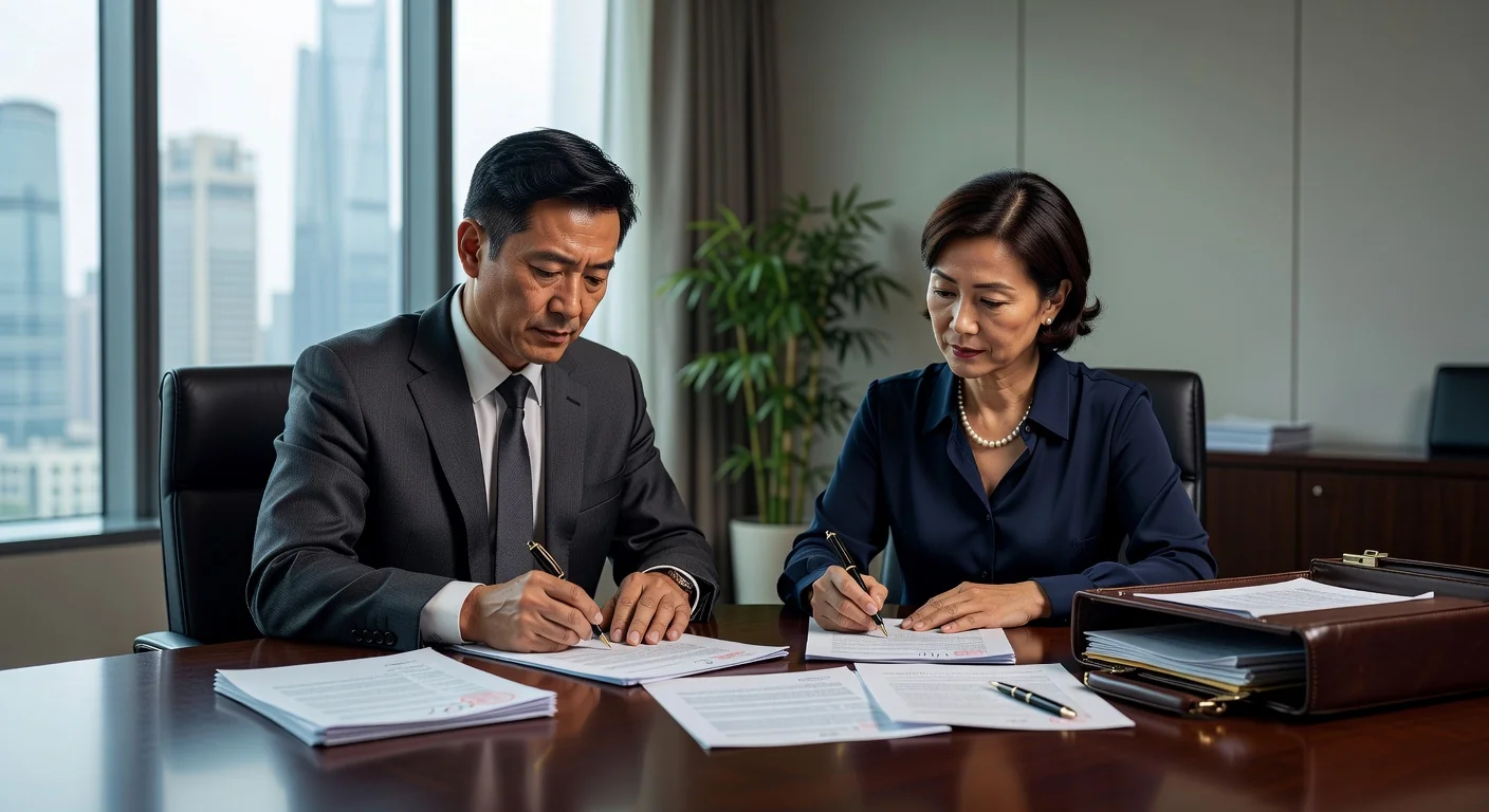 Chinese couple signing divorce agreement