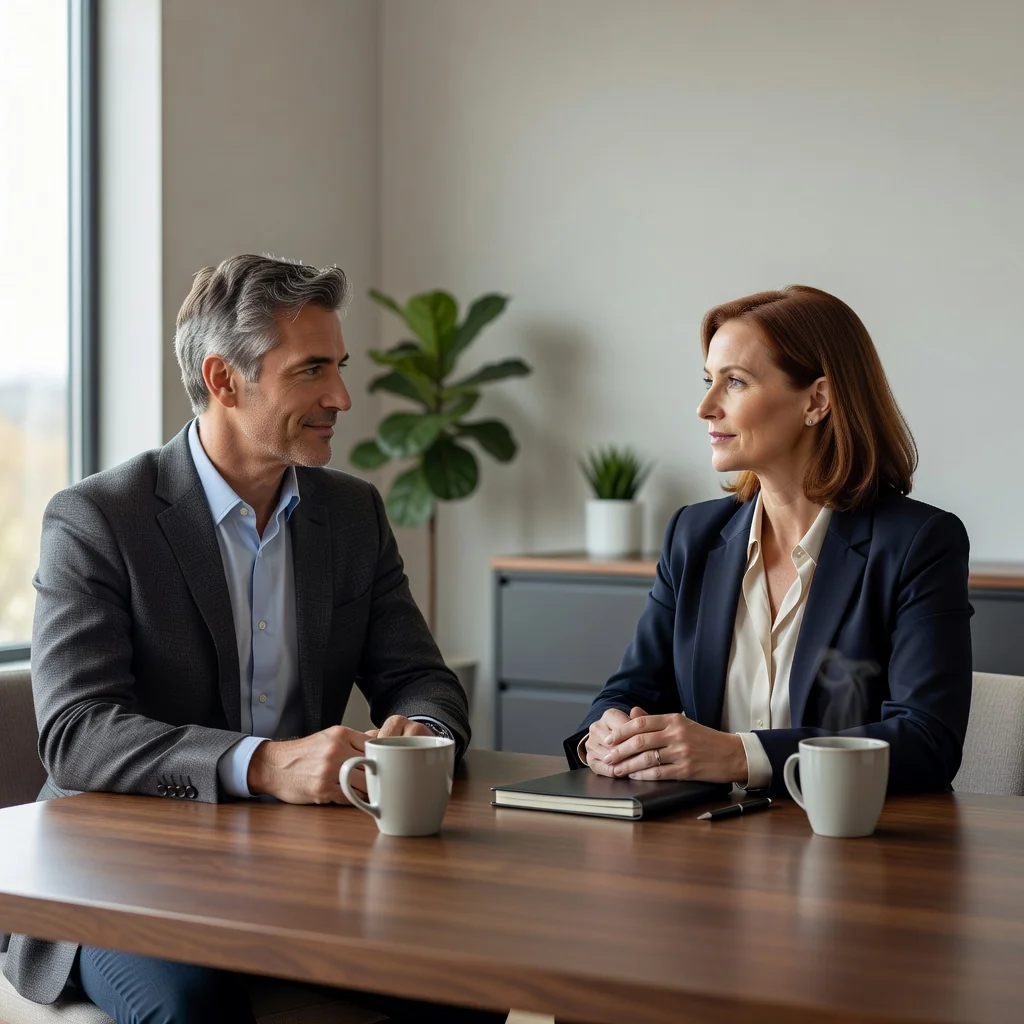 A photorealistic image symbolizing parental agreement and custody arrangements, featuring two adults in a calm, professional setting discussing matters amicably, with warm lighting to convey cooperation and resolution, no children present.