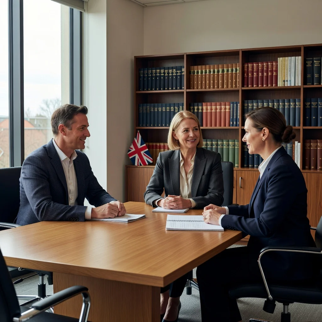 A photorealistic image depicting a peaceful family mediation or custody arrangement meeting in a modern office setting, focusing on two adults discussing amicably with a neutral mediator, symbolizing the purpose of child arrangements without showing any children.