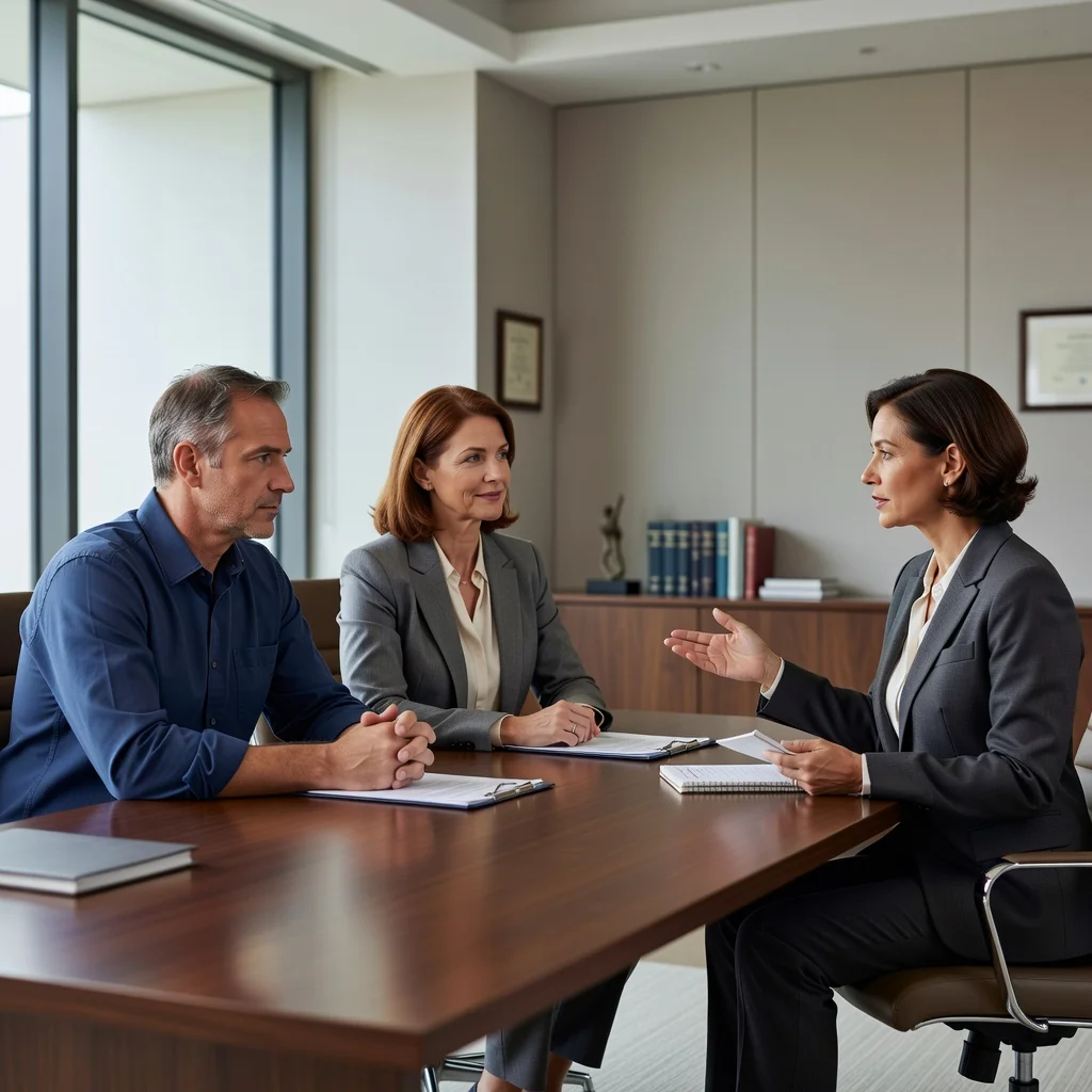 A photorealistic image depicting a thoughtful divorced couple in a neutral setting, discussing custody arrangements with a family lawyer, emphasizing emotional resolution and support without any children present.