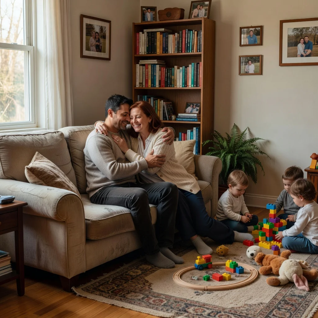 A photorealistic image depicting a peaceful family moment between parents and their children, symbolizing harmony and cooperation in a child custody agreement, captured in a warm home setting.