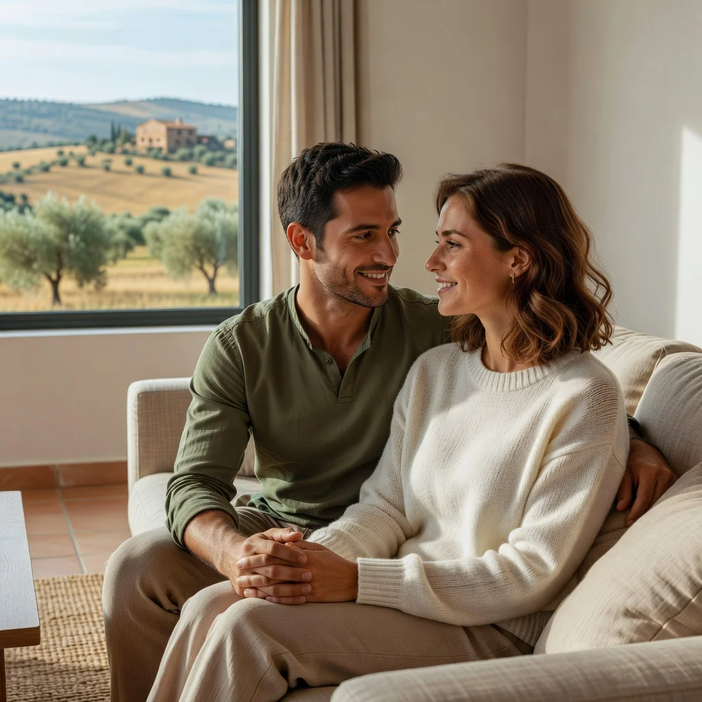 A photorealistic image representing the essence of a custody agreement in Spain, focusing on parental care and family harmony without depicting any children. Show a thoughtful Spanish couple in their 30s or 40s, sitting together on a couch in a modern living room, holding hands and looking at each other with supportive expressions, symbolizing cooperation and shared responsibility in family matters. The setting includes subtle Spanish elements like a window with views of a cityscape or countryside, emphasizing resolution and unity.