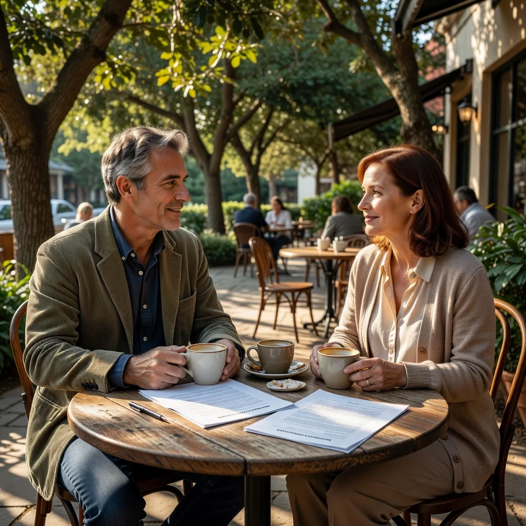 A photorealistic image depicting a peaceful moment of separated parents spending quality time with each other, symbolizing shared custody and amicable separation, without any children present.