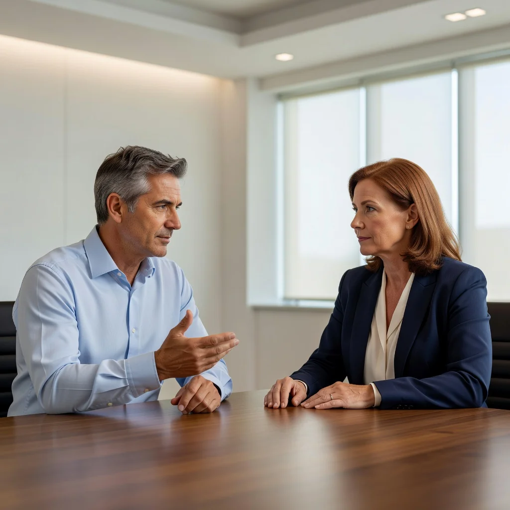A photorealistic image of two concerned parents sitting across from each other at a table in a neutral setting like a mediator's office, engaged in a serious discussion about family matters, with subtle expressions of cooperation and thoughtfulness, no children visible in the scene.