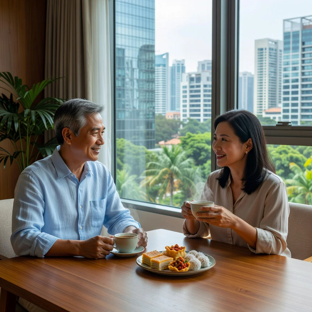 A photorealistic image depicting a peaceful family mediation session in a modern Singaporean home, with two parents discussing amicably over tea at a table, symbolizing the collaborative spirit of parenting agreements. The scene conveys harmony and mutual understanding in co-parenting, without any children present.