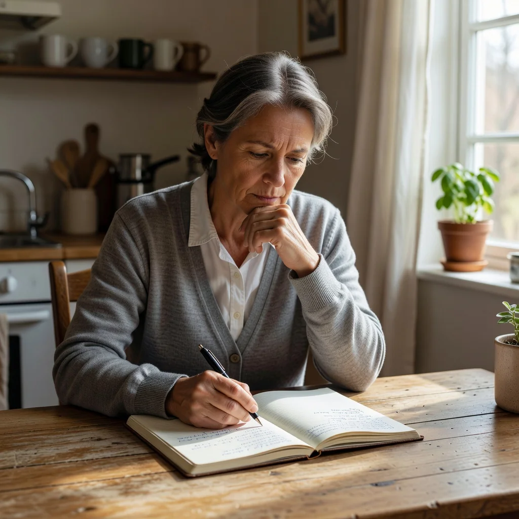 A photorealistic image depicting a caring parent in a thoughtful moment at home, reviewing notes on a table with a cup of coffee, symbolizing the process of seeking child arrangements without showing any children or legal documents.