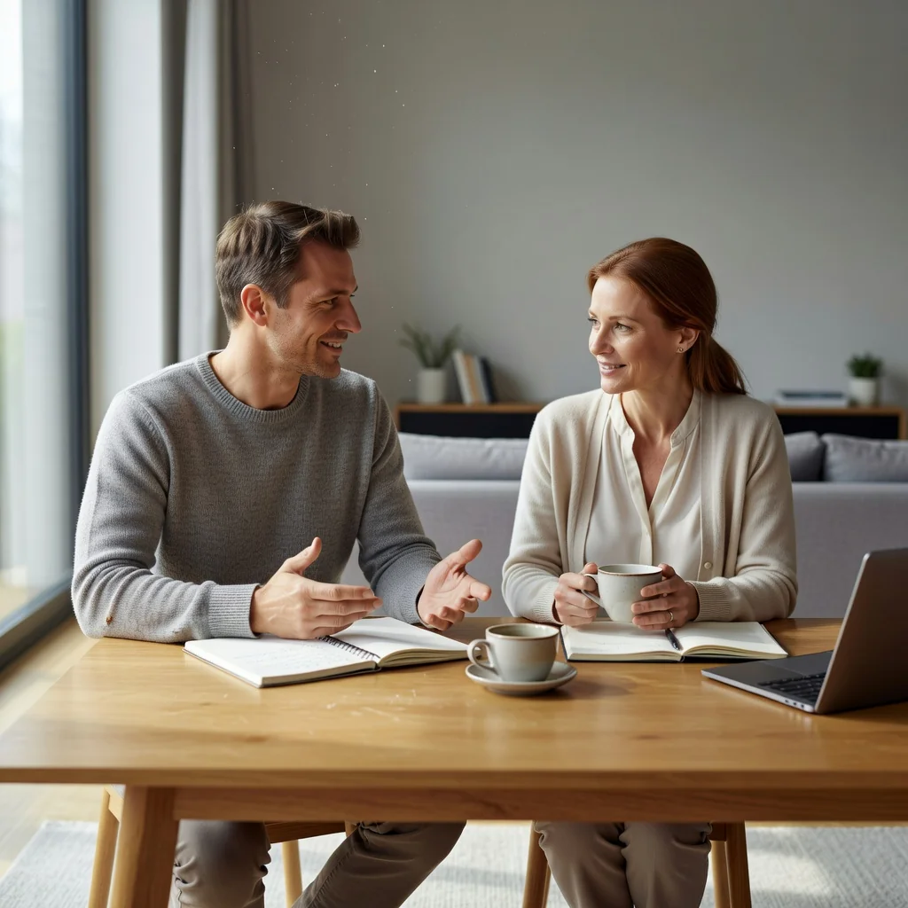 A photorealistic image depicting a peaceful family resolution scene, showing two adults in a calm conversation at a table in a cozy living room, with neutral expressions suggesting cooperation and mutual understanding, symbolizing child arrangements without any children present.