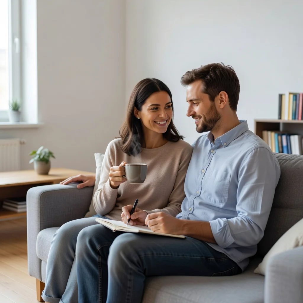 A photorealistic image of a caring mother and father in a modern living room, sitting together on a couch, looking at each other with calm and cooperative expressions, symbolizing agreement and shared responsibility in parenting, with no children present in the scene.