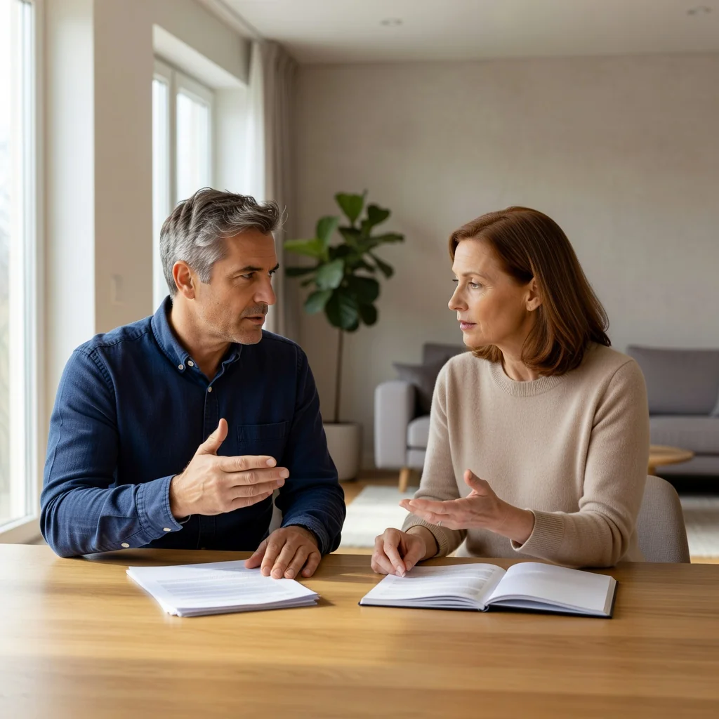 A photorealistic image depicting two parents in a calm, modern living room, engaged in a serious yet amicable conversation about shared parenting responsibilities. They are seated across from each other at a table, with neutral expressions showing mutual respect and cooperation, symbolizing the rights and obligations in a custody agreement. No children are present in the scene.