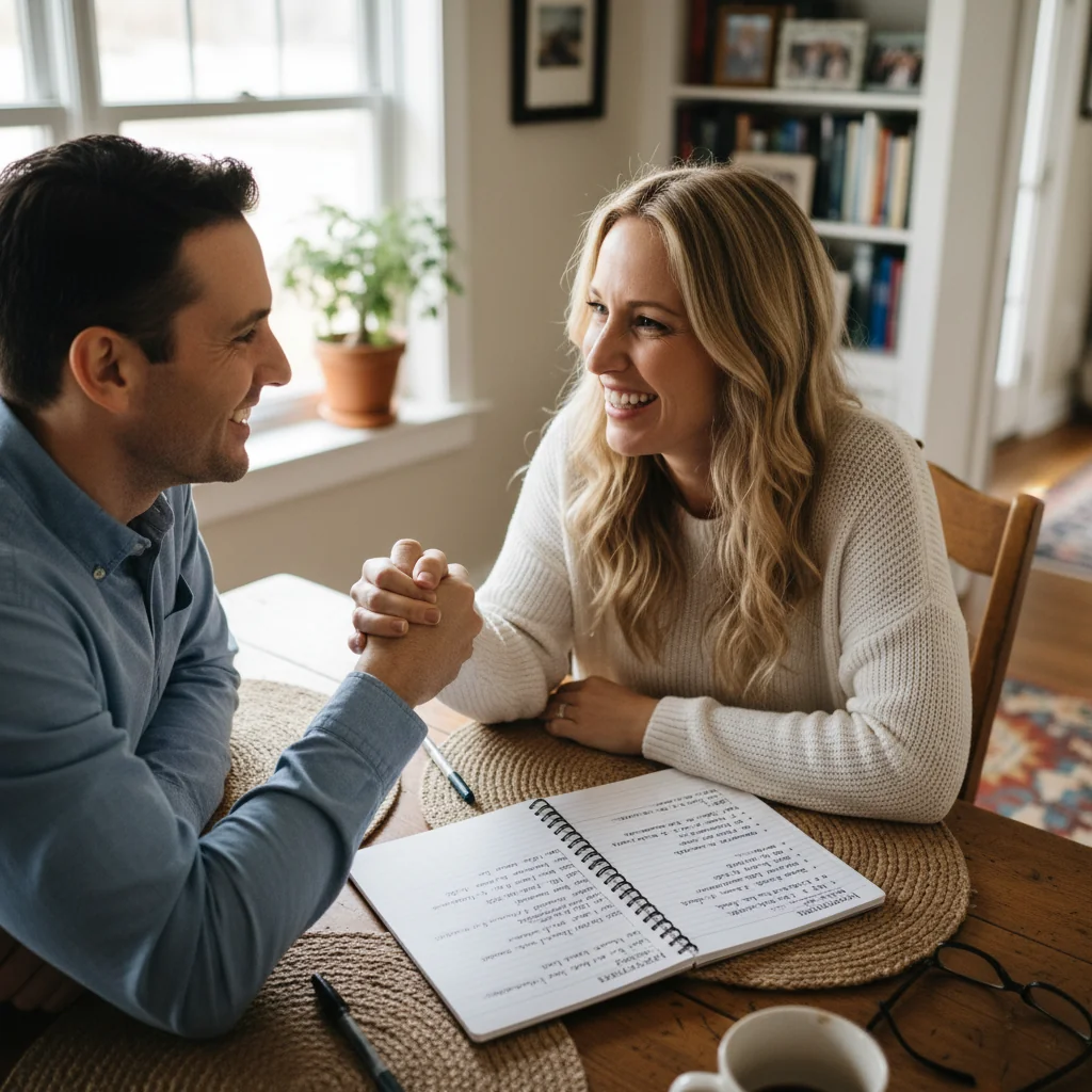 A photorealistic image of a happy family of parents discussing and agreeing on parenting matters at home, symbolizing a parental agreement, without any children visible.