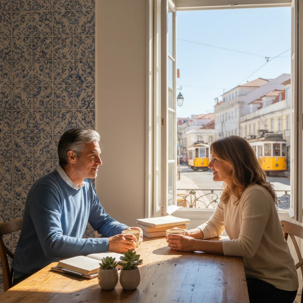 A photorealistic image depicting two parents in a peaceful discussion about their parental responsibilities, sitting at a table in a modern Portuguese home with subtle national elements like a window view of Lisbon architecture, emphasizing cooperation and family harmony without showing any children.