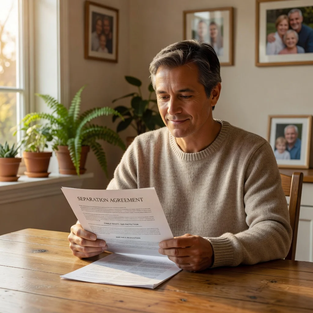 A photorealistic image depicting a caring parent in a peaceful home setting, reviewing family-related documents with a sense of calm and protection, symbolizing the rights and well-being of family members during separation or divorce. The scene emphasizes emotional support and stability without showing any children.