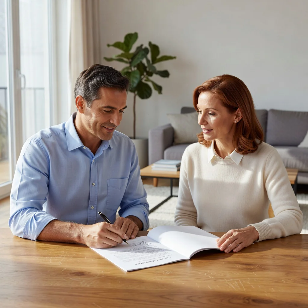 A photorealistic image depicting a peaceful family meeting in a modern living room, where two parents are calmly discussing and signing an agreement on a table, symbolizing cooperation and shared responsibility in custody arrangements, with no children present.