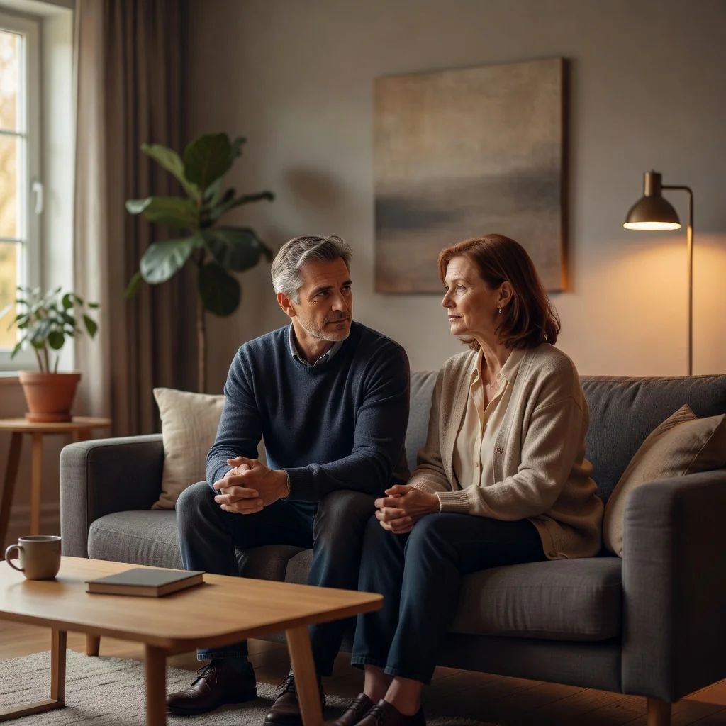 A photorealistic image of a caring adult couple sitting together in a cozy home living room, discussing family matters with calm expressions, symbolizing the agreement and shared responsibility in child custody arrangements. No children are present in the image.