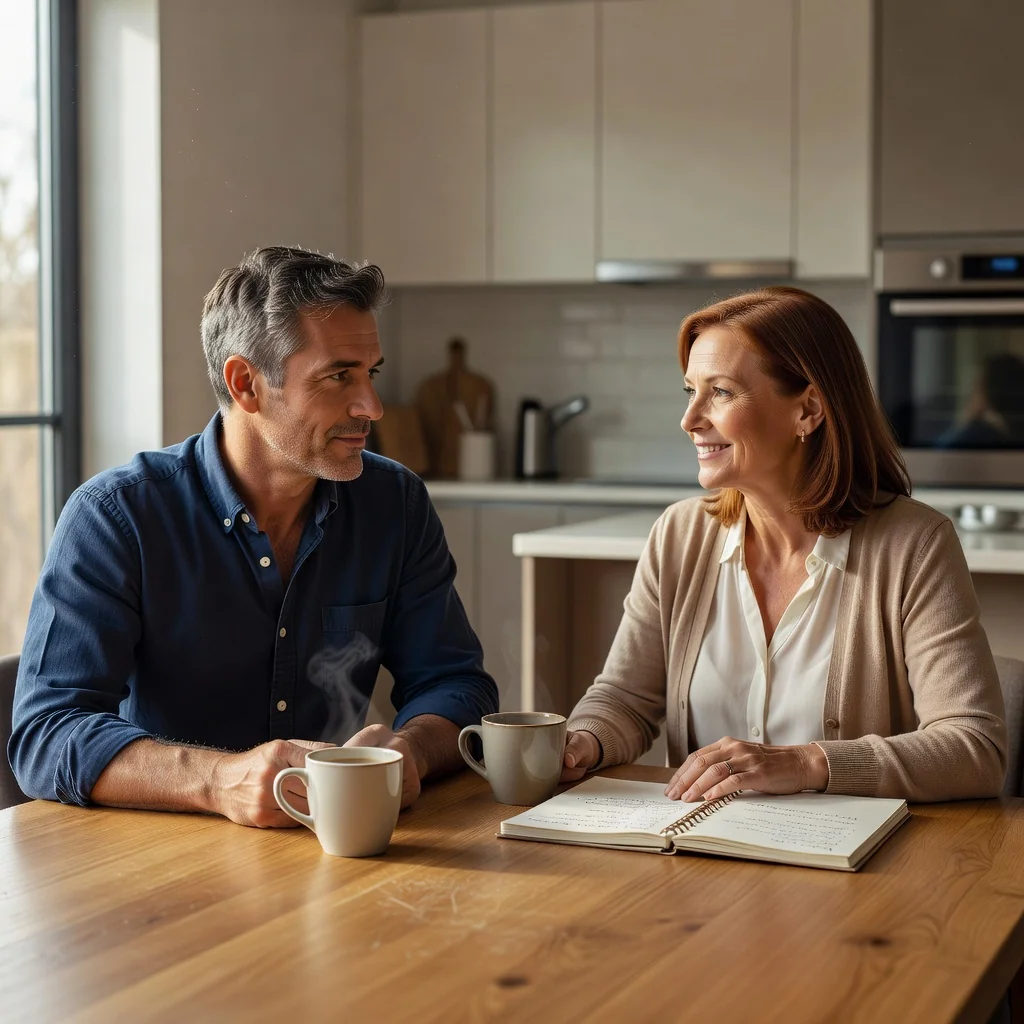A photorealistic image depicting a peaceful moment of separation for a couple with children, focusing on the parents in a calm, supportive conversation at a kitchen table, symbolizing amicable agreement and co-parenting without showing any children.